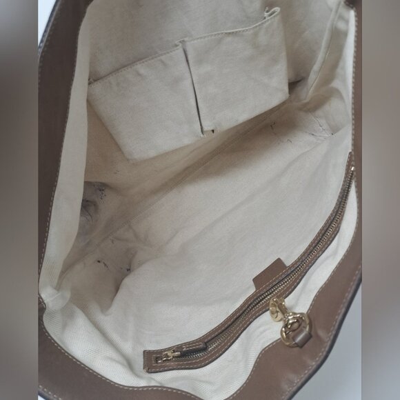 Gucci Women's Bag Tote Satchel Beige Monogram Leather Trim PVC 11.5 x 14.5 - Picture 10 of 16